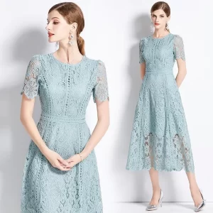 Elegant Water Soluble Lace Flower Embroidery Hollow Out Midi Dress Women's Stand Short Sleeve Solid Color Casual Office Vestido