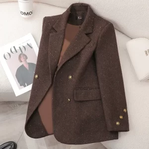 French Fashion Women Solid Long Sleeve Woolen Blazer Coat 2025 New Autumn Winter Ladies Elegant Double Breasted Jacket Versatile